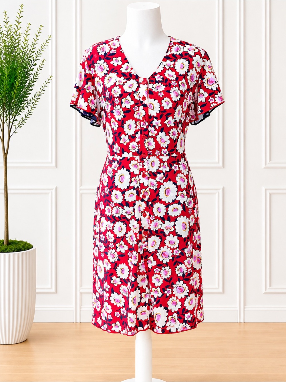 Cabi Reversible Floral Dress Red Floral & Black Polka Dot Midi Dress Size M